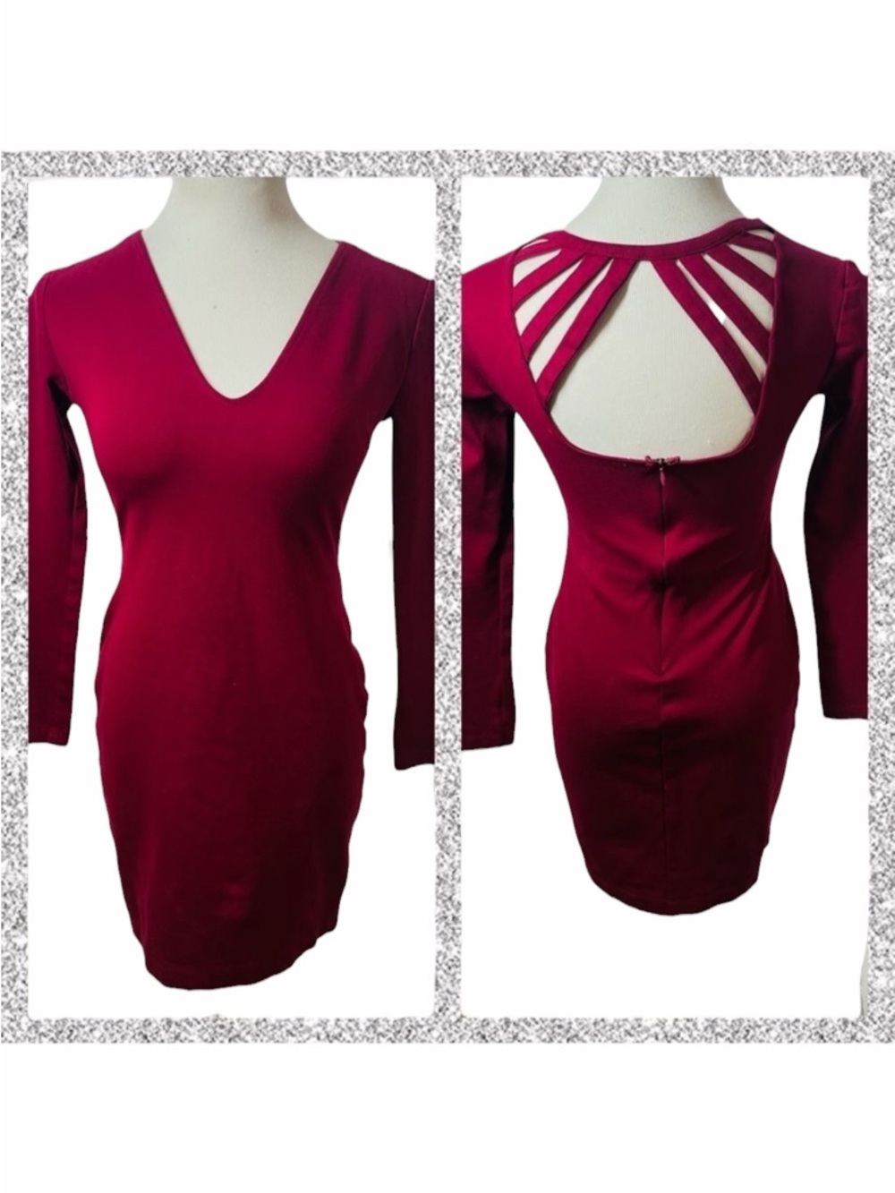 Cefian Maroon Open Back 3/4 Sleeve V-Neck Dress - Size Small